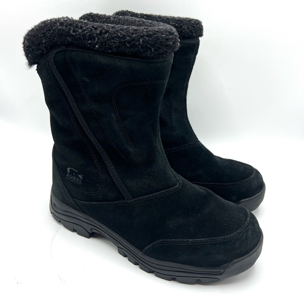 Sorel Waterfall Womens Suede Snow Boots Size 9 Black Thinsulate Side Zip